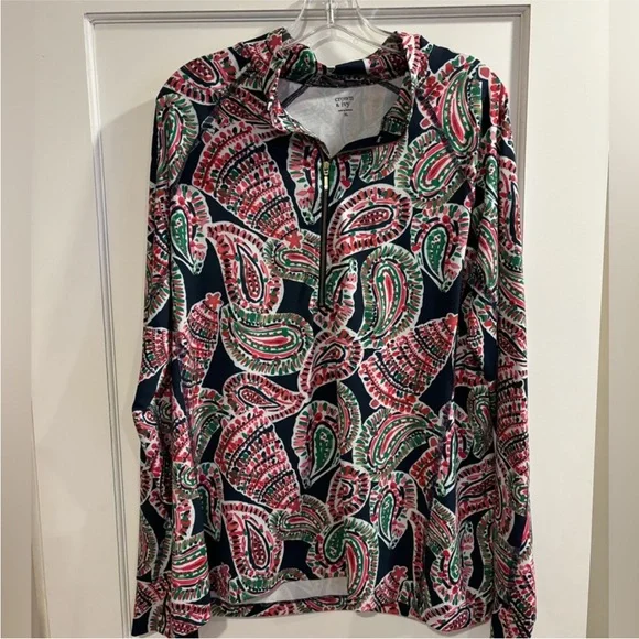 Crown & Ivy Paisley Print Quarter Zip Navy Pink Green Thumbholes Womens Large - Picture 2 of 9
